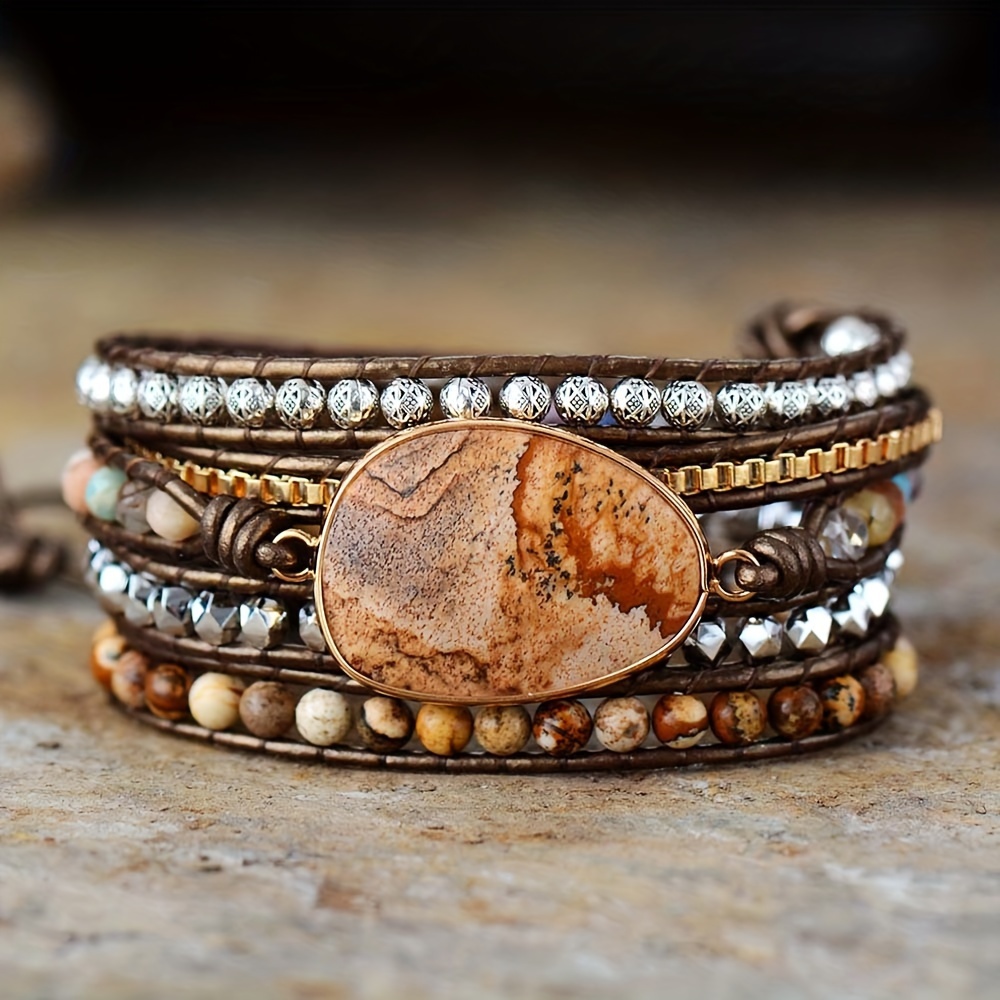 

Boho Handmade Stone Wrap Bracelets Brown Beads Decor Bracelet Jewelry Trendy Female Gift