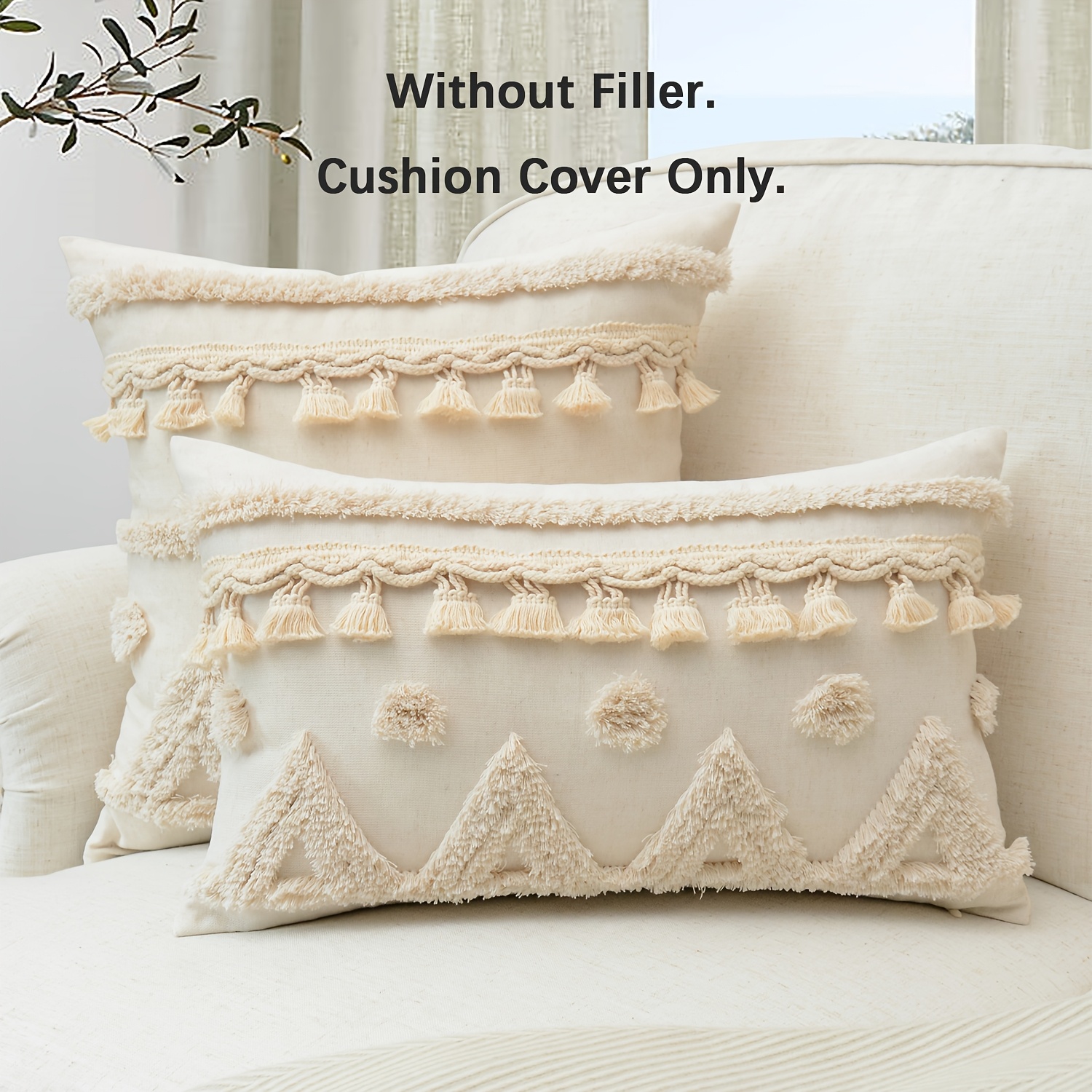 1pc of Pillowcase Made from Natural Linen, Featuring Geometric Tassel Trimming And Single-Sided Tufted Embroidery, Ideal for Decorating Sofas, Living Rooms, And Bedrooms, Does Not Include Pillow Insert