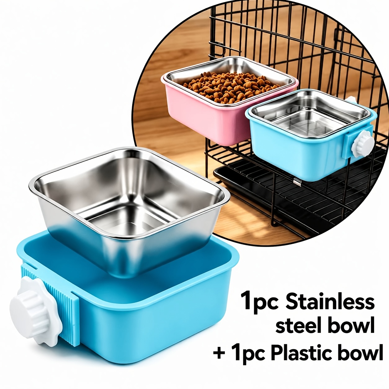 TEMU 2pcs Set: Plastic Bowl + Stainless Steel Bowl, Hanging Pet Bowl Set, Suitable For Cats And Small Pets, Stainless Steel Cage-style Feeding Bowl,