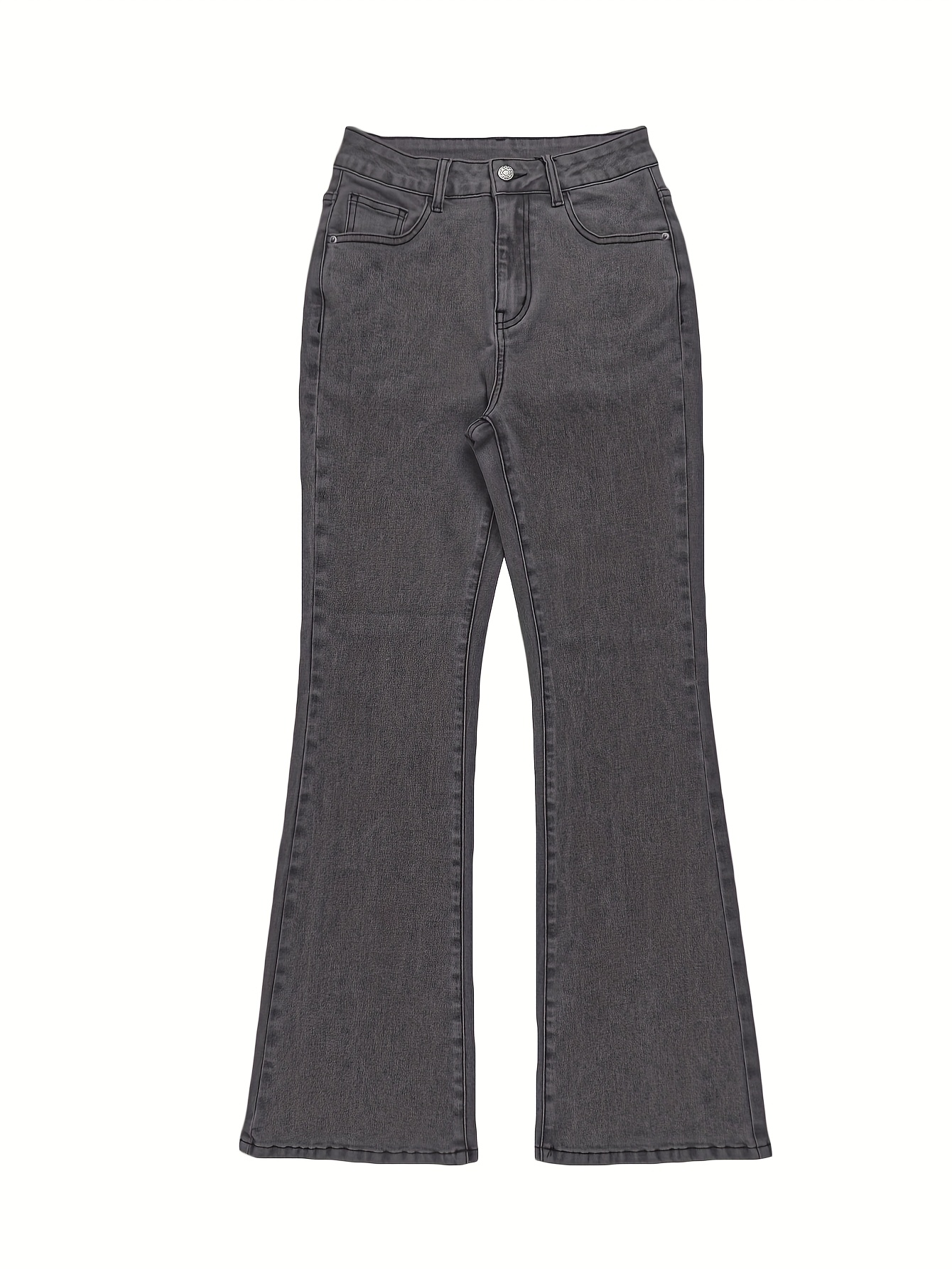 GILIPUR MH1025 Light Blue Retro High-Waist Stretch Straight Leg Women's Pants, Street Style Solid Color Long Pants with Pockets, All-Season Comfortable Stretch Fabric, Machine Washable