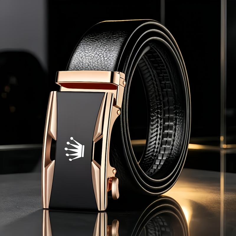 TEMU Men' Pattern Belt With Alloy Automatic , Non-reflective For Texture, Black Pvc Strap, Suitable For Formal Wear And Casual Trousers