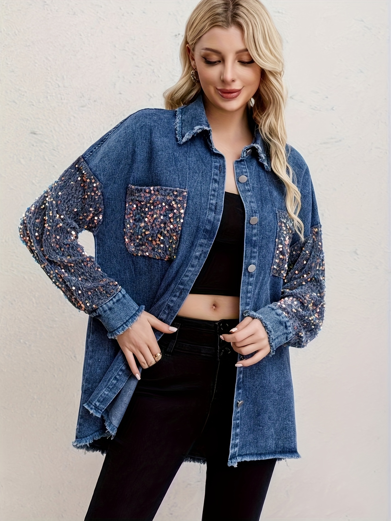 giacca in denim paillettes casual donna tessuto elegante non