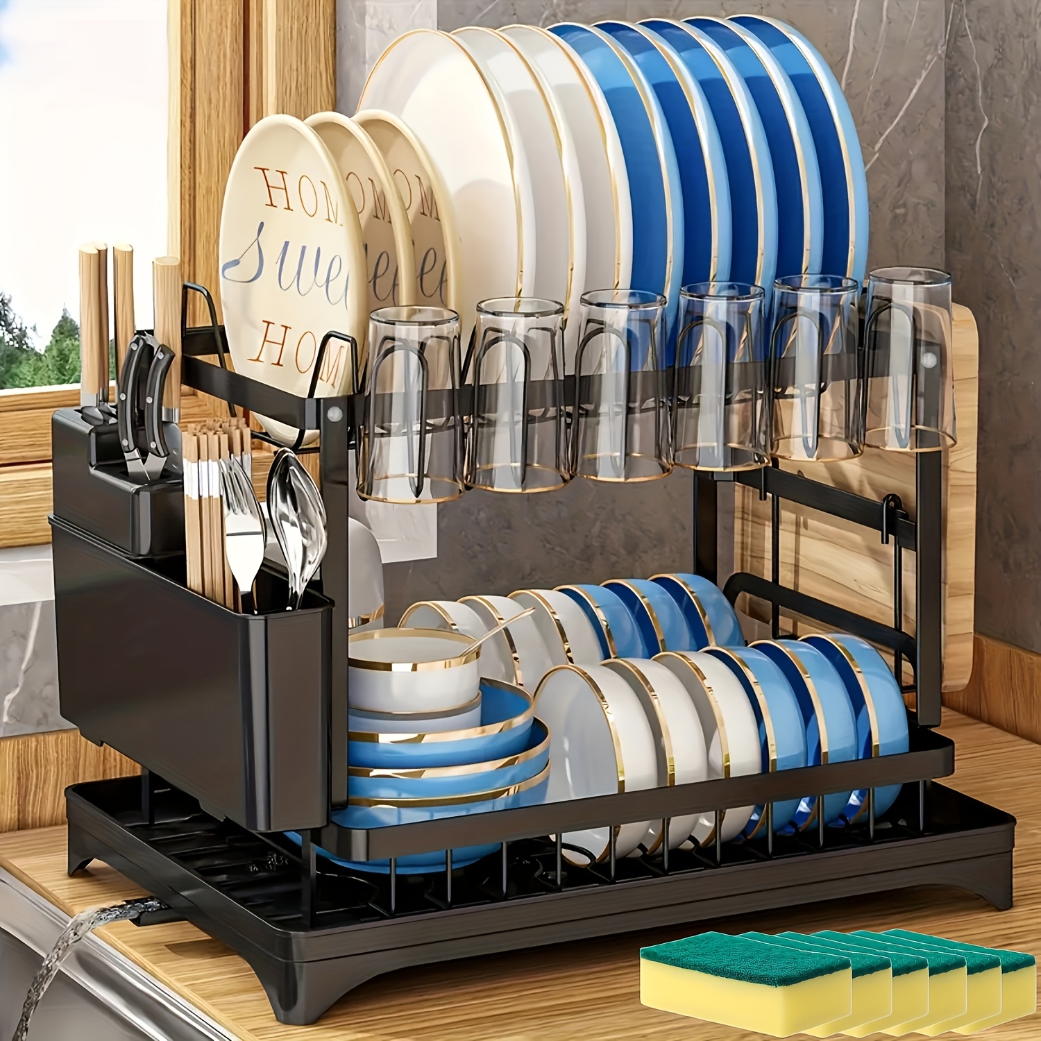 TEMU 2-tier Stainless Steel Dish Drying Rack With - Adjustable Rotatable Dish Drainer, Utensil & Cup Holder, Space- Kitchen Counter Organizer For