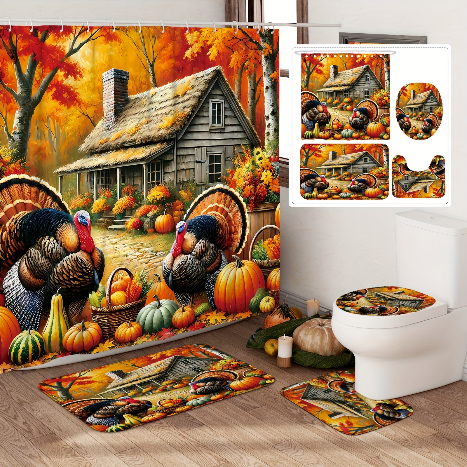 

Festive Thanksgiving Shower Curtain Set: Turkeys, Pumpkins, And A Farmhouse Harvest In Burnt Orange - Includes 12 Hooks, Non-slip Bath Mat, U-shaped Toilet Lid Cover, And Seasonal Home Decor