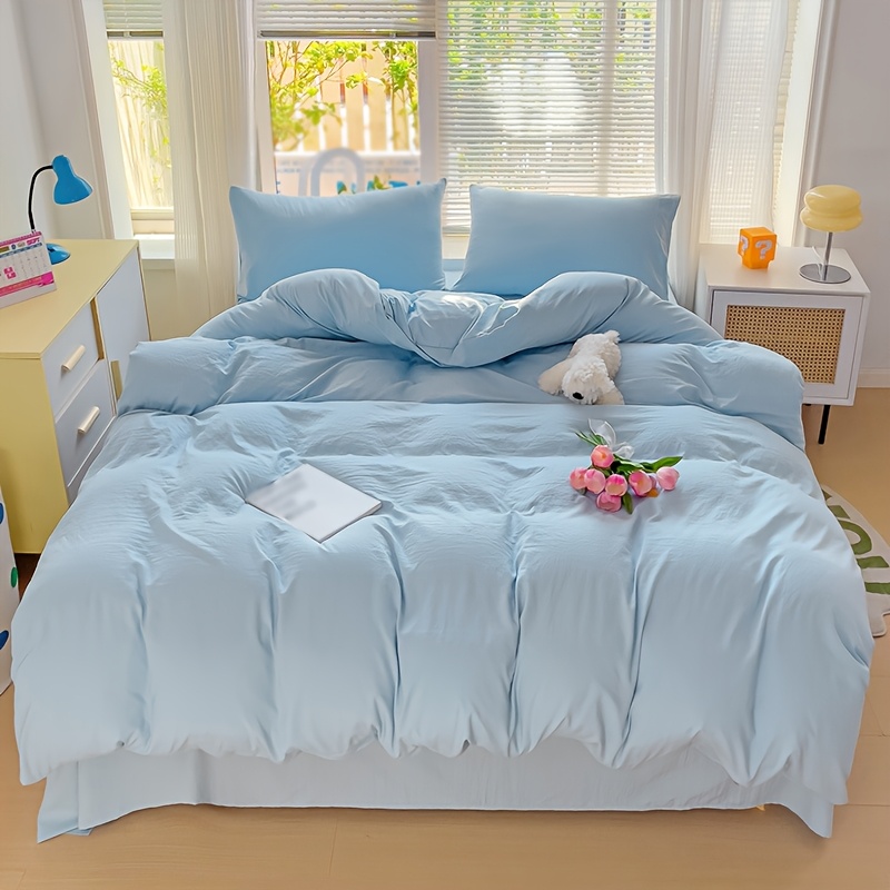 3pcs Minimalist 90g Brushed Polyester Solid Color Dual-layer Duvet Cover Set, Includes 1 Duvet Cover And 2 Pillowcases, Blue
