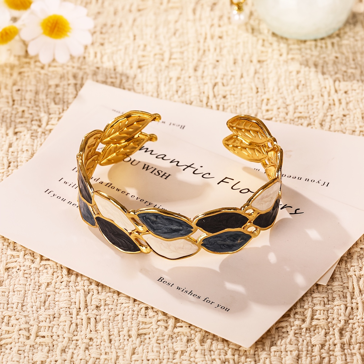 Elegant Color Block Enamel Open Cuff Bangle for Women, Soft Marbled Tone
