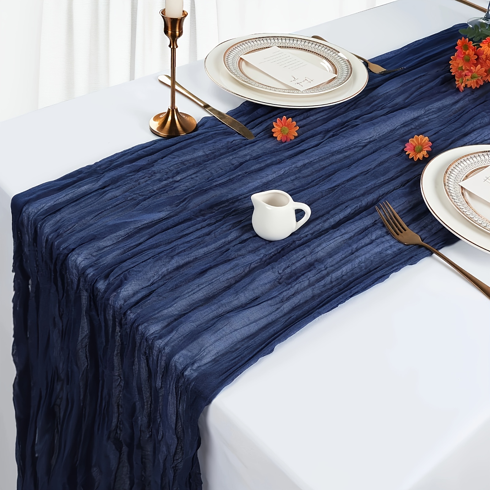 E-shop Eleganter marineblauer Tischläufer aus Käsegardinengewebe - Halbtransparenter Bohemian-Polyestergewebe, für Hochzeiten, Partys,