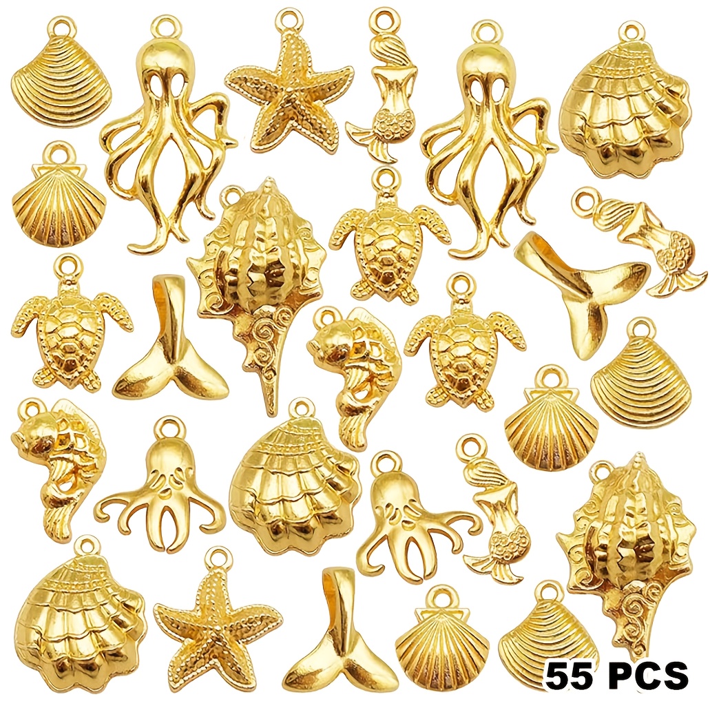 Image of 55pcs Golden Sea Ocean Beach Charms Pendants For Summer Jewelry Necklace Earrings Bracelet Making Craft Starfish Shells Mermaid