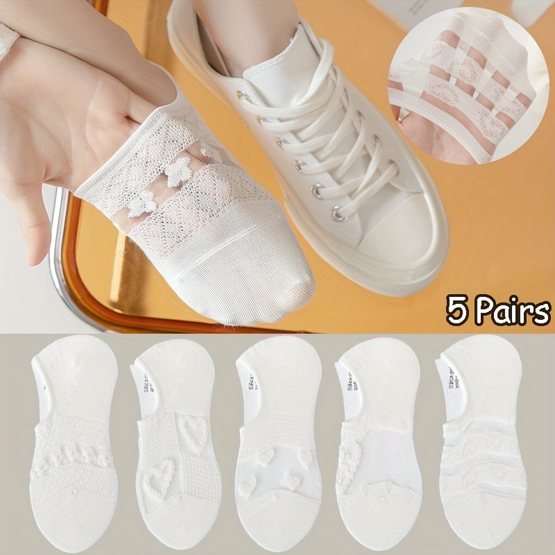 

5 Pairs White Invisible Socks, Simple & Lightweight No Show Socks, Women's Stockings & Hosiery