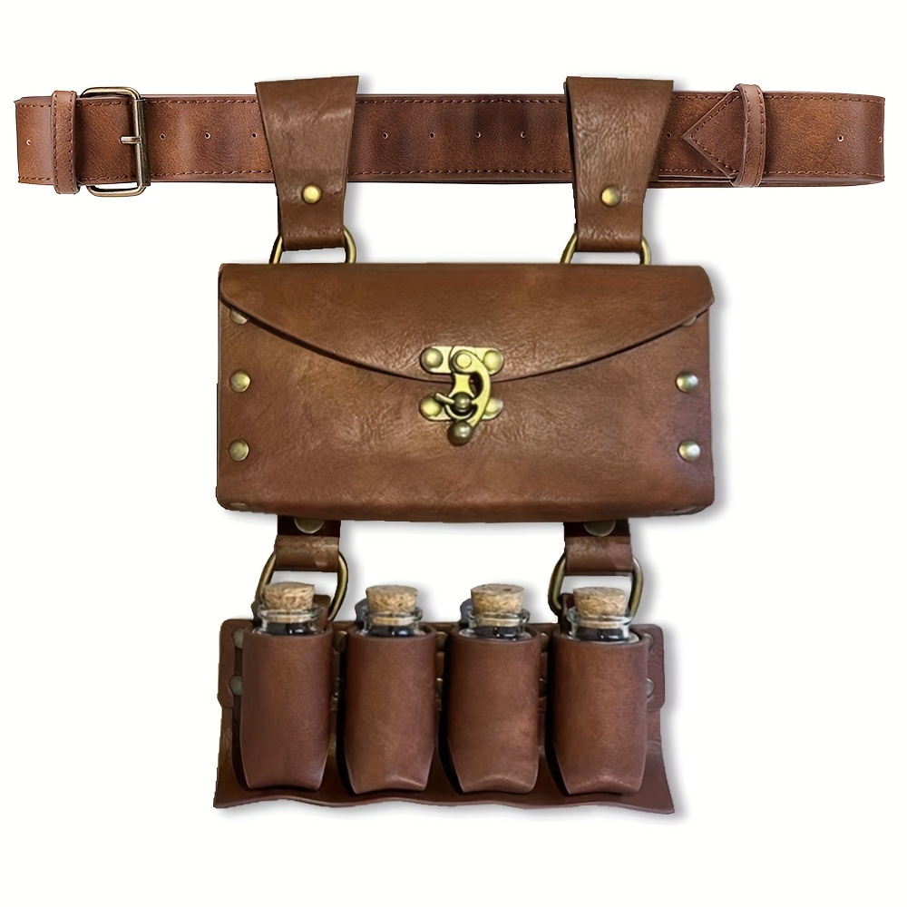 Medieval Vintage Style Waist Pack Chest Bag - 4 Cork Stopper Potion Bottles, Faux Leather Waist Pack Belt, Medieval Renaissance Design, Larp Halloween, Stage Performance Prop Cosplay Accessories