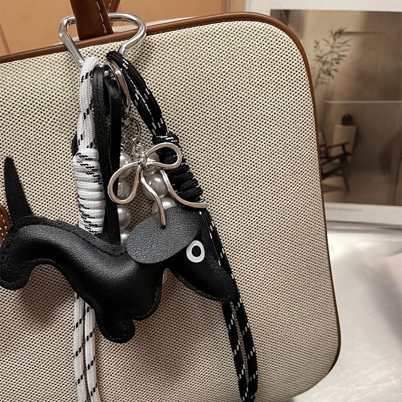 

Nylon Sausage Dog Keychain, Woven Bag Charm Pendant, Mobile Phone Accessory, Handbag Hanging Ornament In Coffee/black