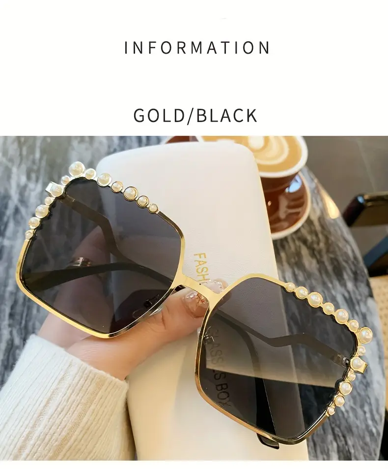 oversized square sunglasses for women luxury faux pearl design gradient sun shades for vacation beach party details 5