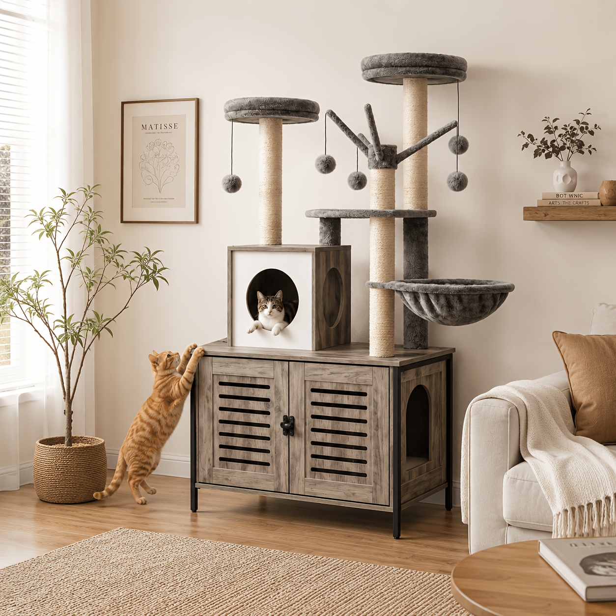132cm Integrated Cat Tree Features Litter Box Enclosure, Large Cat Tower, Hidden Cat House, Sisal Scratching Posts, And Double-layered Roof Perch, Making It Suitable For Indoor Cats