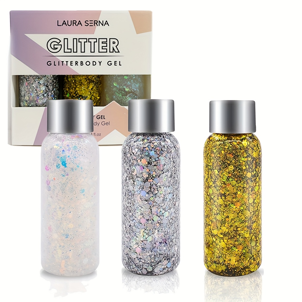 Wisebom 3x Body Glitter Gel Set (Gold, Silber, Weiß) – Glitzer Für Gesicht, Körper, Haare Für Festival & Party