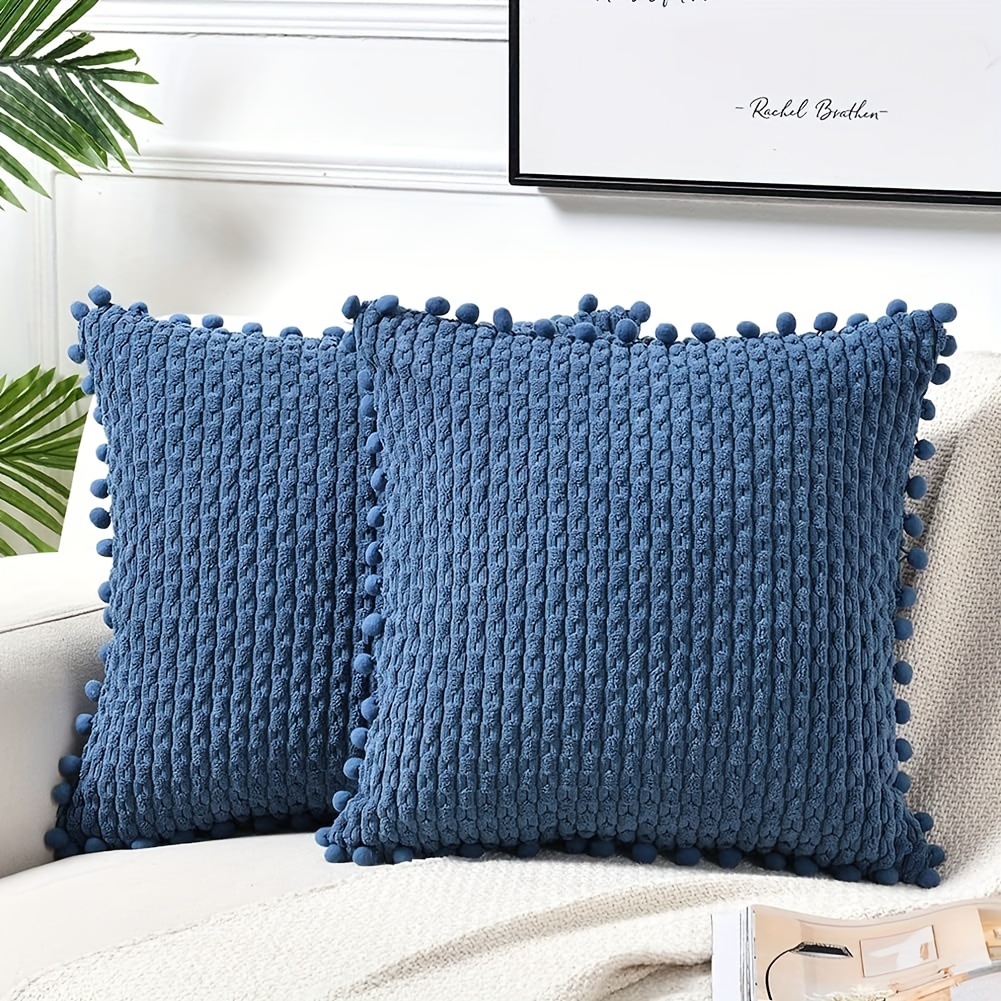 

2pcs Dusty Blue Throw Pillow Covers With Pom-poms, 18x18 Inch - Soft Plush Corduroy, Rustic Farmhouse Decor For Couch & Bed, Zip Closure, Hand Wash Only