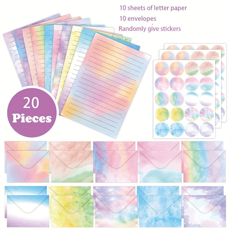 Image of 20pcs, Watercolor Stationery Envelope Set, Watercolor Gradient Creative Birthday Party Gift Invitation Stationery Set, Includes 10 Stationery + 10 Envelopes (random Sealing Stickers As Gift)