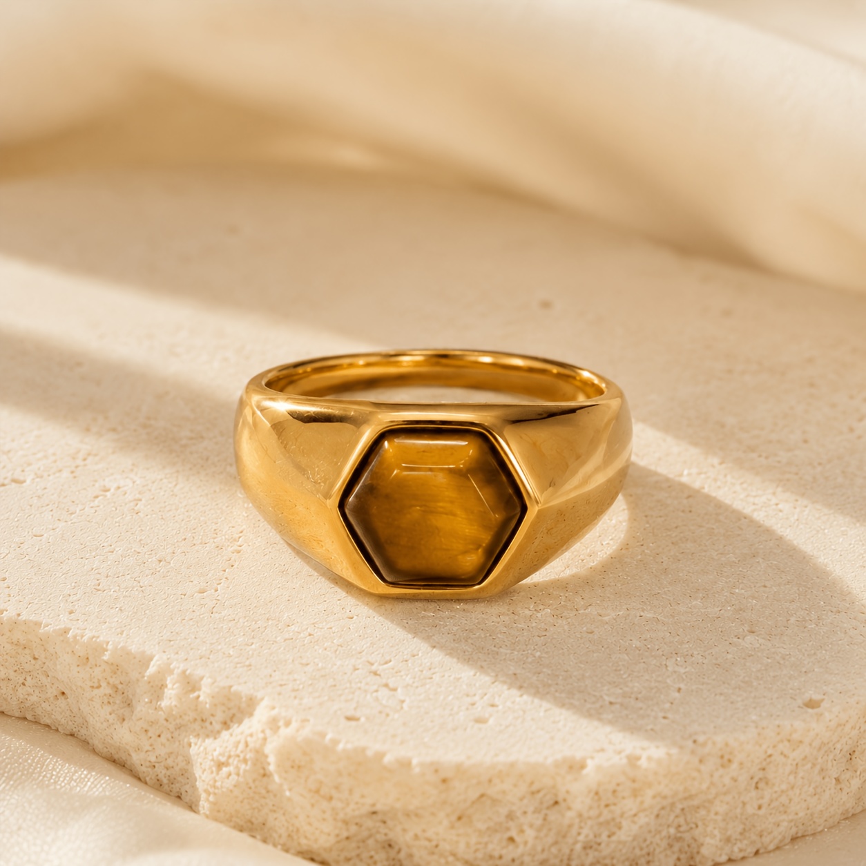 TEMU 18k Gold-plated 304 Stainless Steel Women's Hexagonal Signet Ring, Thick Natural Gemstone Ring /black/brown, Hypoallergenic Tarnish-resistant