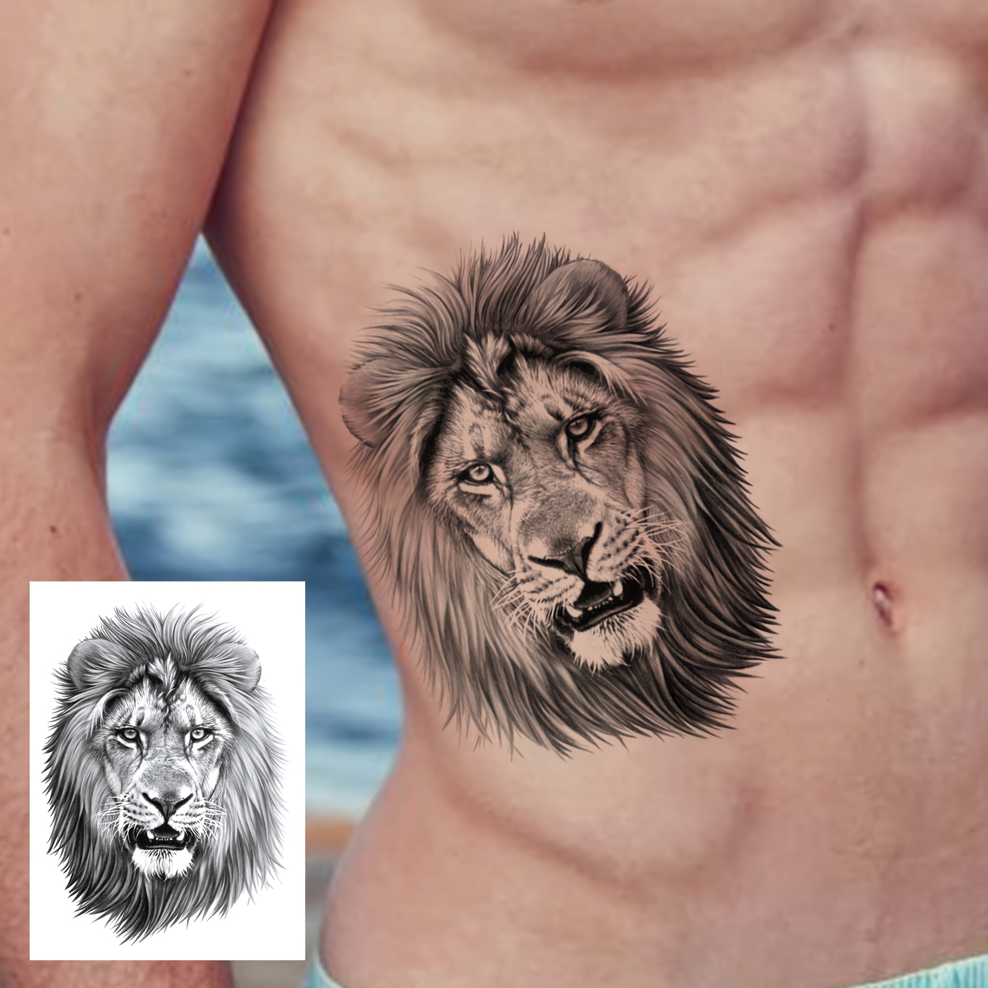 Image of 1 Sheet Lion Temporary Tattoos For Women Men Hands Finger Foot Neck Waist Legs Thigh Forearm Shank Half Sleeve Arm, Temp Fake Tattoo Stickers Waterproof Long Lasting Realistic Tatoos