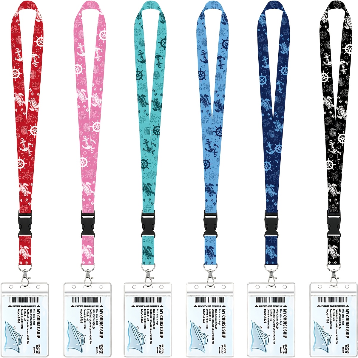 TEMU 2d 6pcs Cruise-themed Lanyard Set, Featuring Ocean-inspired Sea Turtle, Anchor, And Prints. Includes A Neck Lanyard, Id Card Holder, And