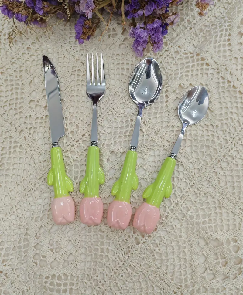 24pcs unique ceramic handle steak knife dessert spoon fork and spoon tableware set tools and accessories including knife fork and spoon very cute suitable for daily family dining birthday parties and festival parties Product details 6