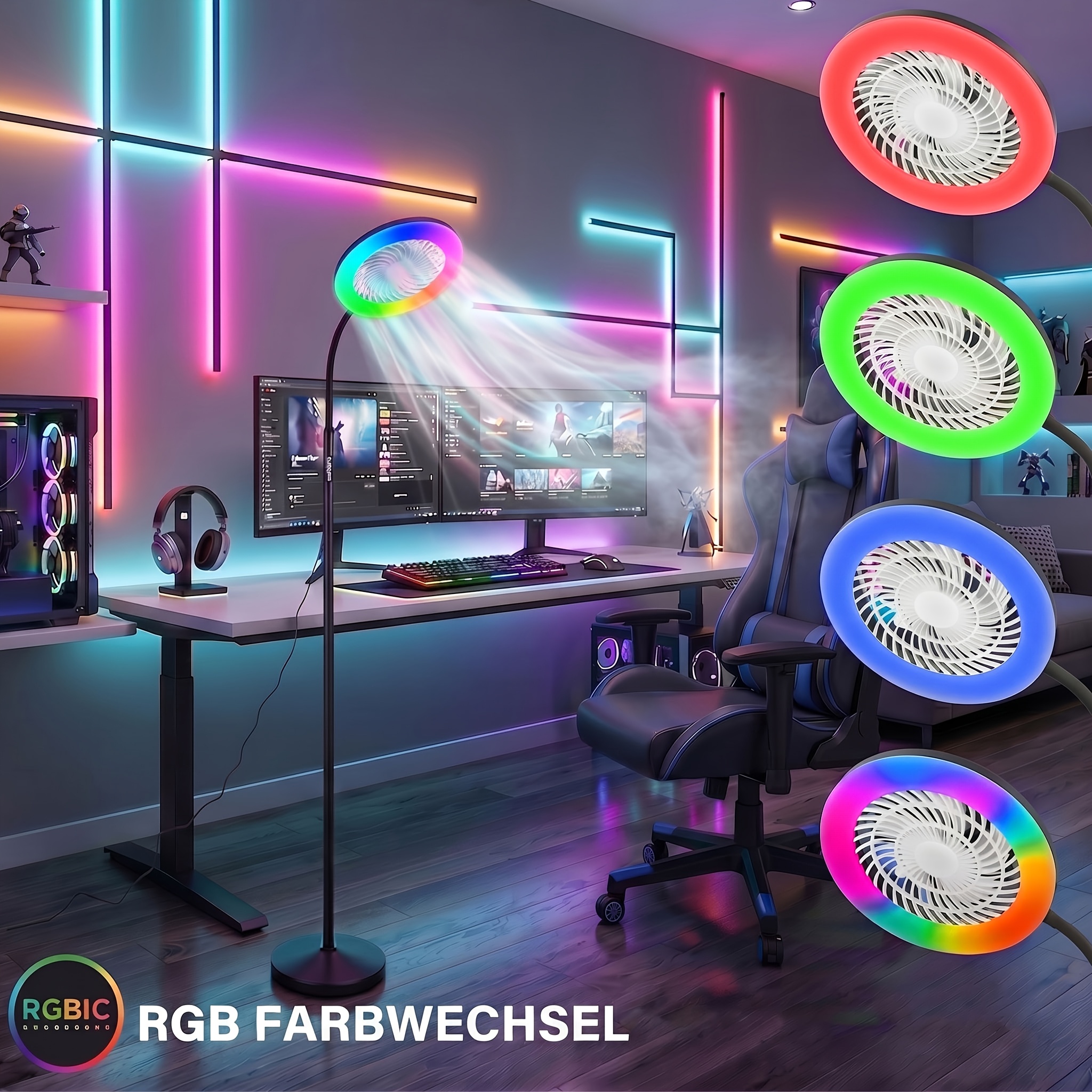 Lampe de sol LED avec ventilateur, ventilateur sur pied réglable en hauteur de 185 cm, lampe de sol RGB à col de cygne à intensité variable, télécommande avec 3 vitesses de vent pour salon, chambre à coucher, salle de lecture
