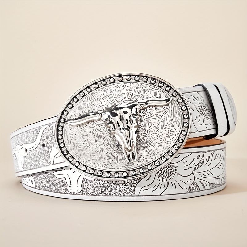 Vintage White Leather Beaded Style Western Boho Silver Buckle Belt 34.5 Inch Vintage Beaded Leather Belt Western Wear 33” - 36” White  main image 3