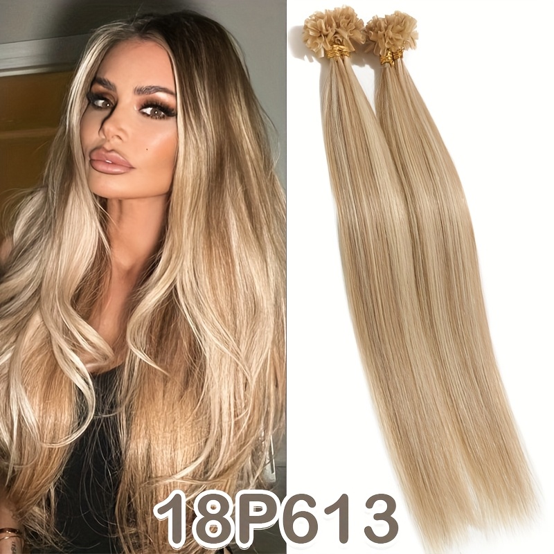 Image of Keratin U Tip Hair Extensions | 50 Strands Of 22 Inch Straight Human Hair With Balayage In Hot Fusion Nail Tip, Totaling 50g