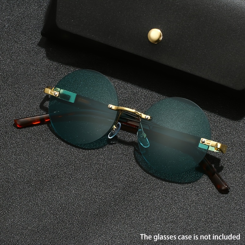 TEMU [customer Favorite] Rimless Round Fashion For - Vintage Green With Accents, -reflective Lenses, Metal Hinges - For & Travel