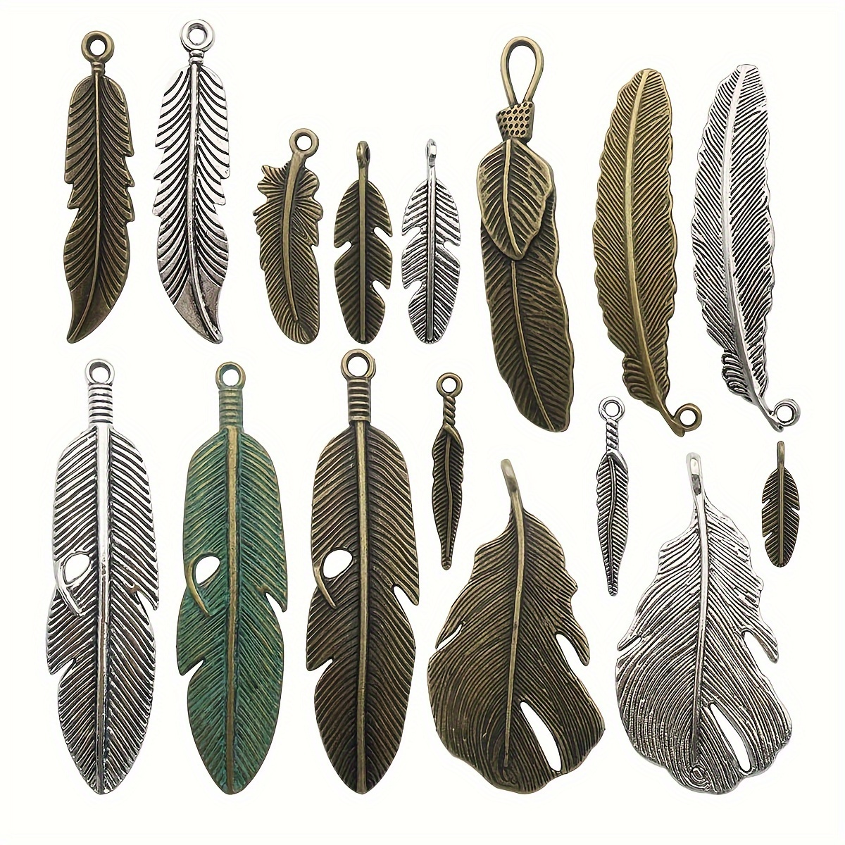 

32-piece Feather Charm Set - Antique Silvery & Bronze Finish, Goose Plume Designs For Diy Jewelry Making Feathers For Crafts Feathers For Vase