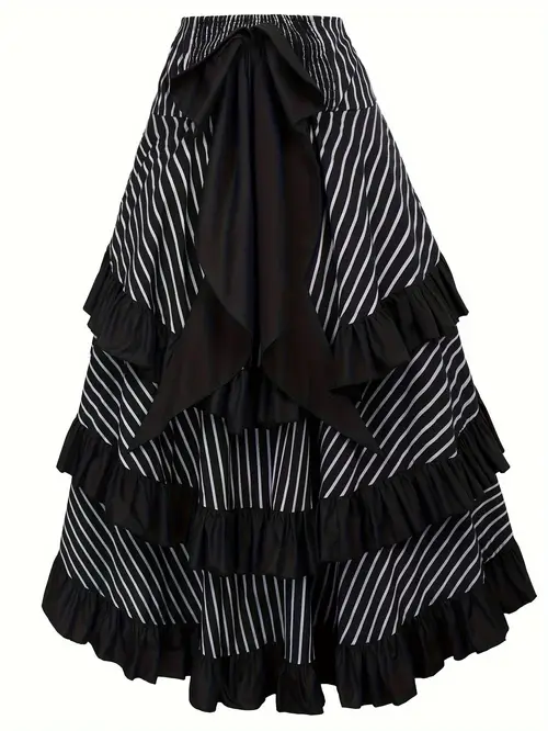 1pc elegant striped polyester skirt for women spring woven high low hem with ruffle detail