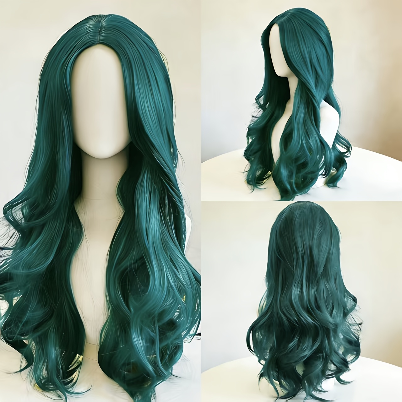 TEMU Women's European And Dark Green Wig, Middle Part Bangs, Long Curly Hair, Daily Fluffy Full Wig, Suitable For Daily Wear, Parties And Festivals