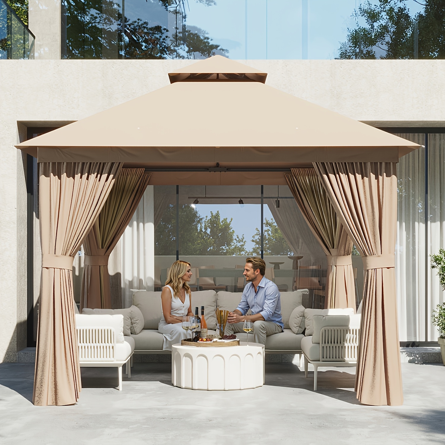 TEMU SONEGRA 10'X10' Gazebo et Pergola d'extérieur pour patio - Auvent en acier à double toit avec écran d'intimité moustiquaire, Tente de fête