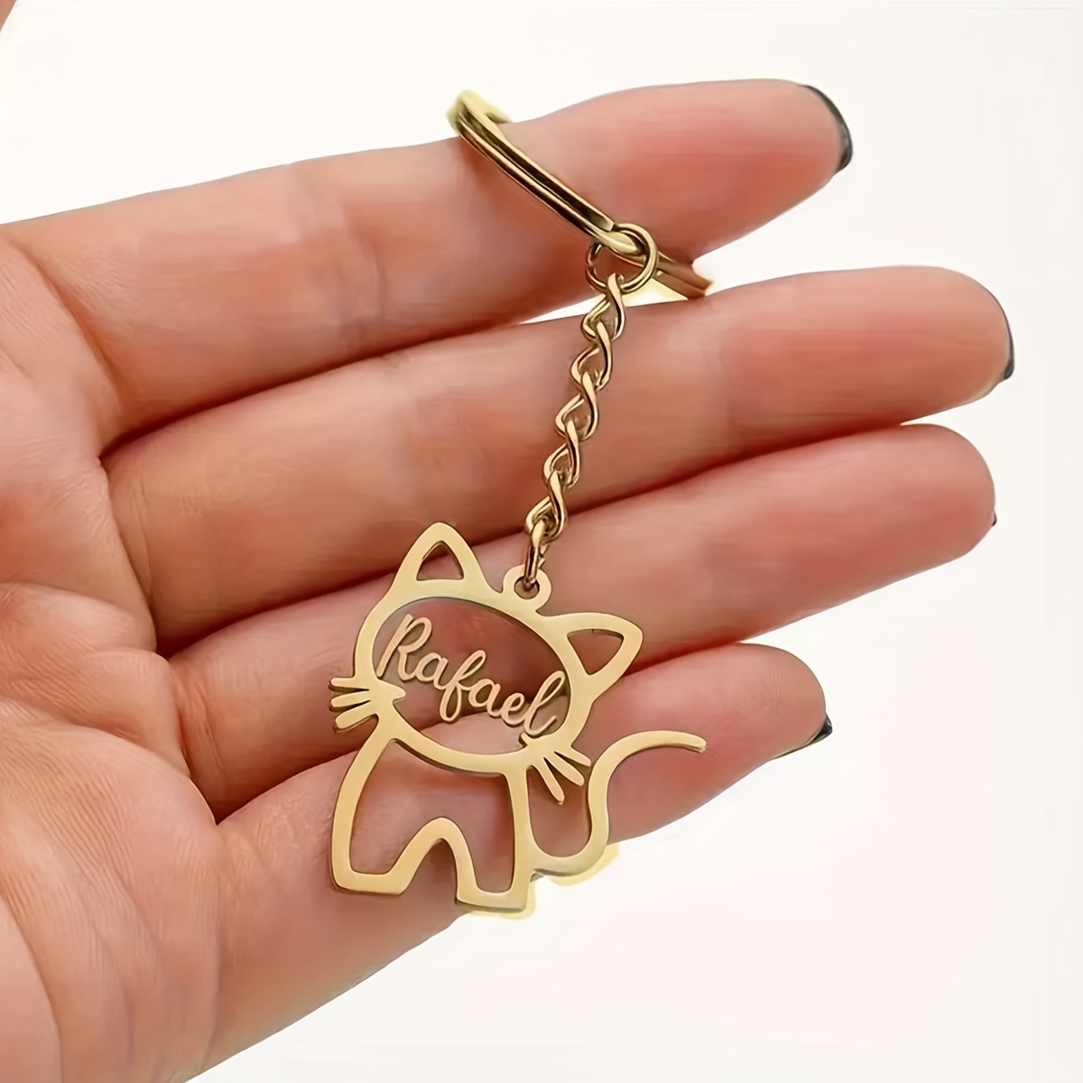 TEMU Personalized Custom Name Cute Cat Silhouette Keychain, 304 Stainless Ring, Bag Charm, Key Decoration, Animal Theme, Christmas Gift, Ornament