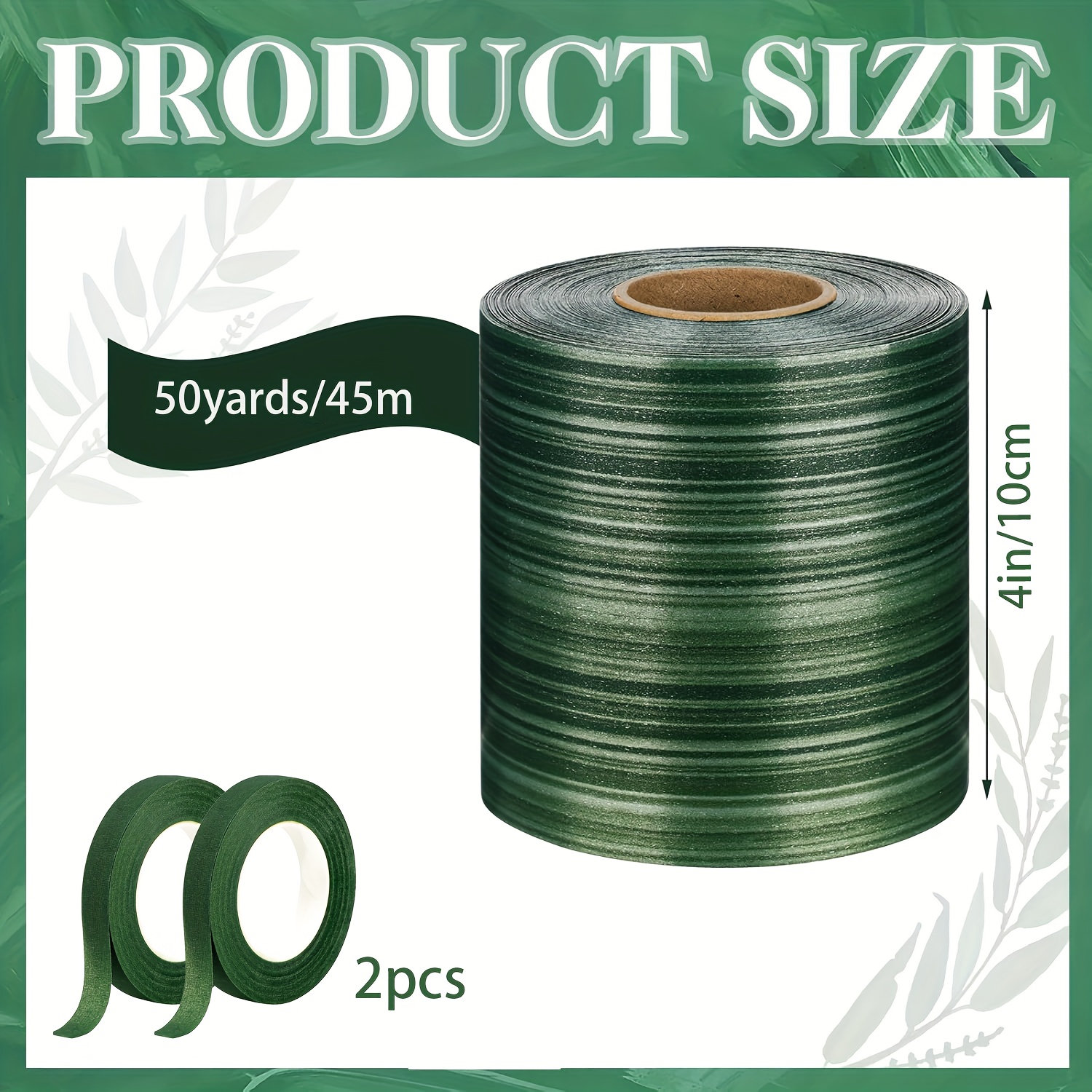 TEMU 50 Yards Green Leaf Ribbon Leaves Ribbon With 2 Floral Tape, 4in X 50 Yard Floral Ribbon Poly Satin Ribbon Waterproof Pattern Ribbon For Indoor