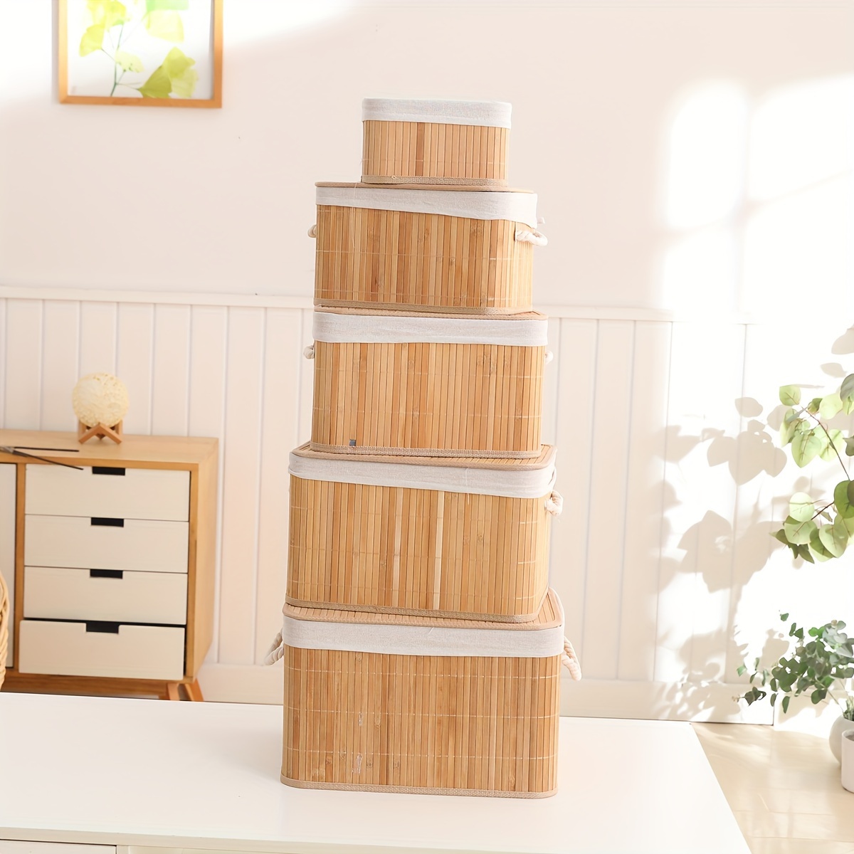 5-teiliges Set Bambus-Aufbewahrungskorb mit Deckel Griff,  Haushalts-Aufbewahrungsbox, Kleiderkorb, Deckenbox, staubdichte  Kleiderschrank-Aufbewahrungsbox, platzsparende Aufbewahrung Schrank, ...