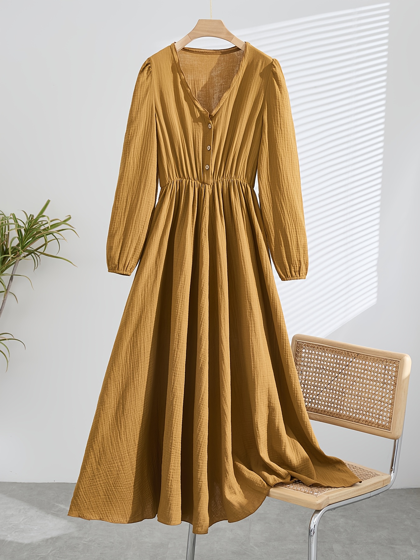 chinese dress ladies Loose Pure Color Linen Maxi Dresses Women Summer Casual Outfits L / Brown main image 1