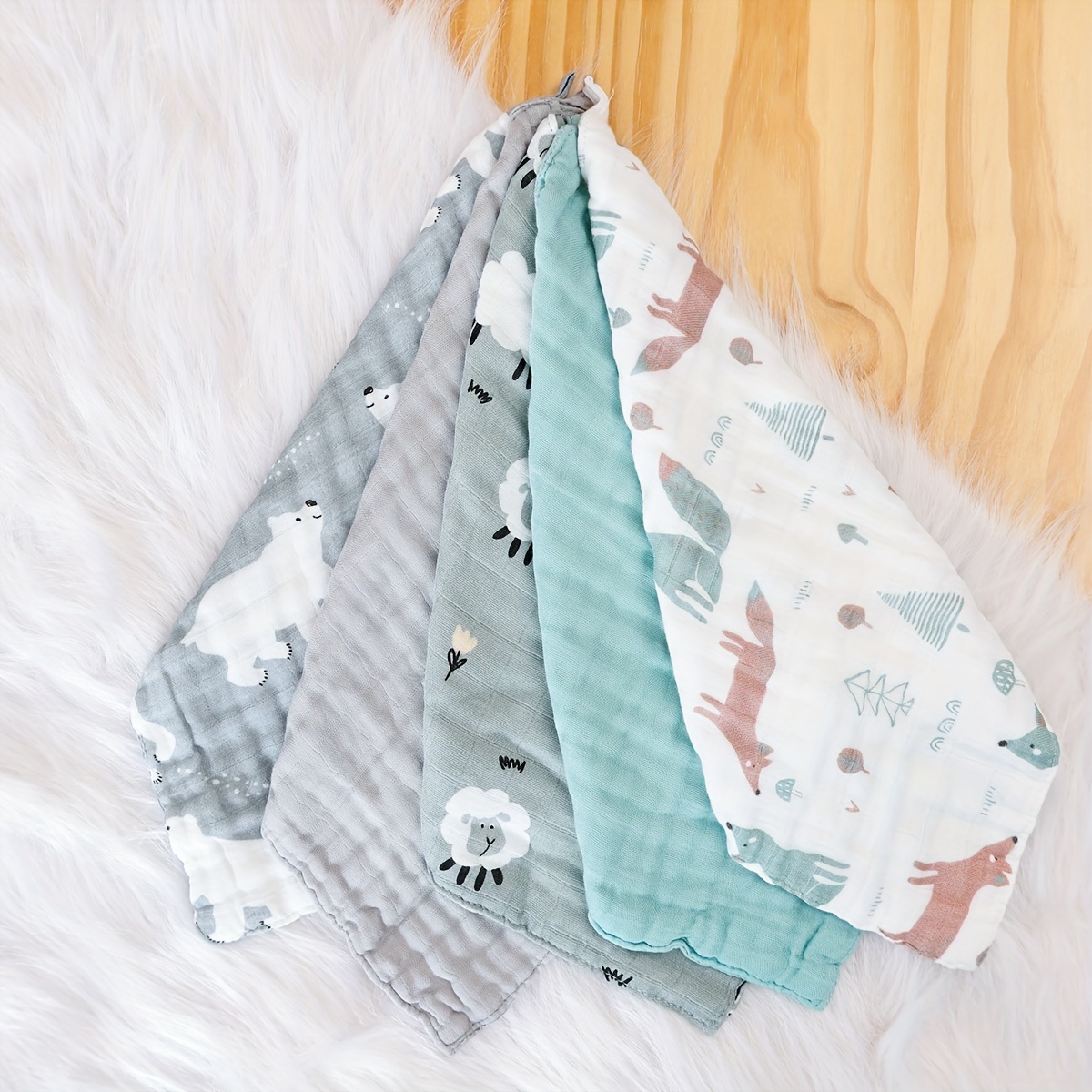 5pcs Soft Bamboo Muslin Baby Face Towel,square Shape Small Bath Towel,animal Print Burp Cloth