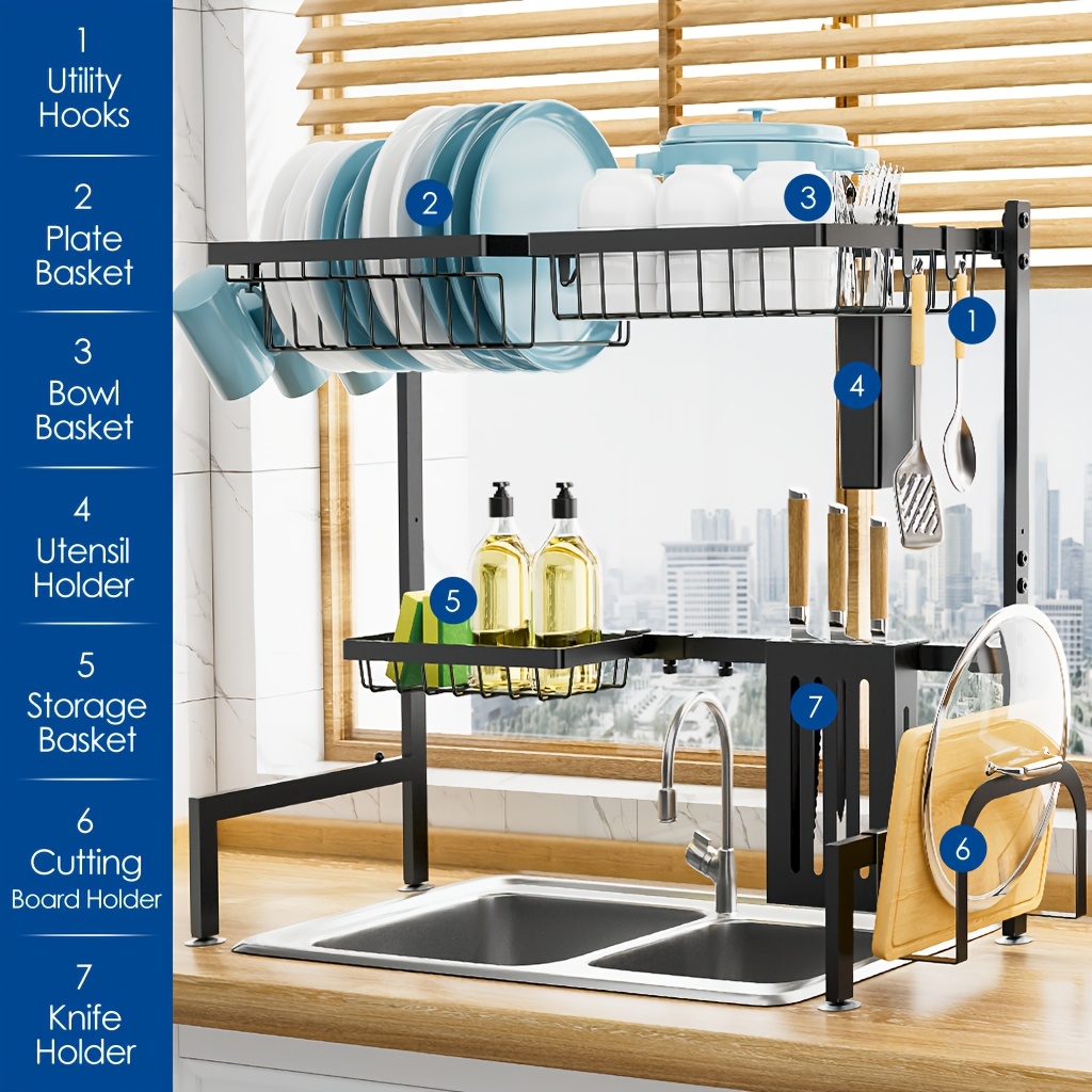 TEMU Large Capacity Stainless Steel Dish Rack, Kitchen Counter Dish Rack, Kitchen Organization And Storage, Adjustable Dish Rack Drying Rack, Dish