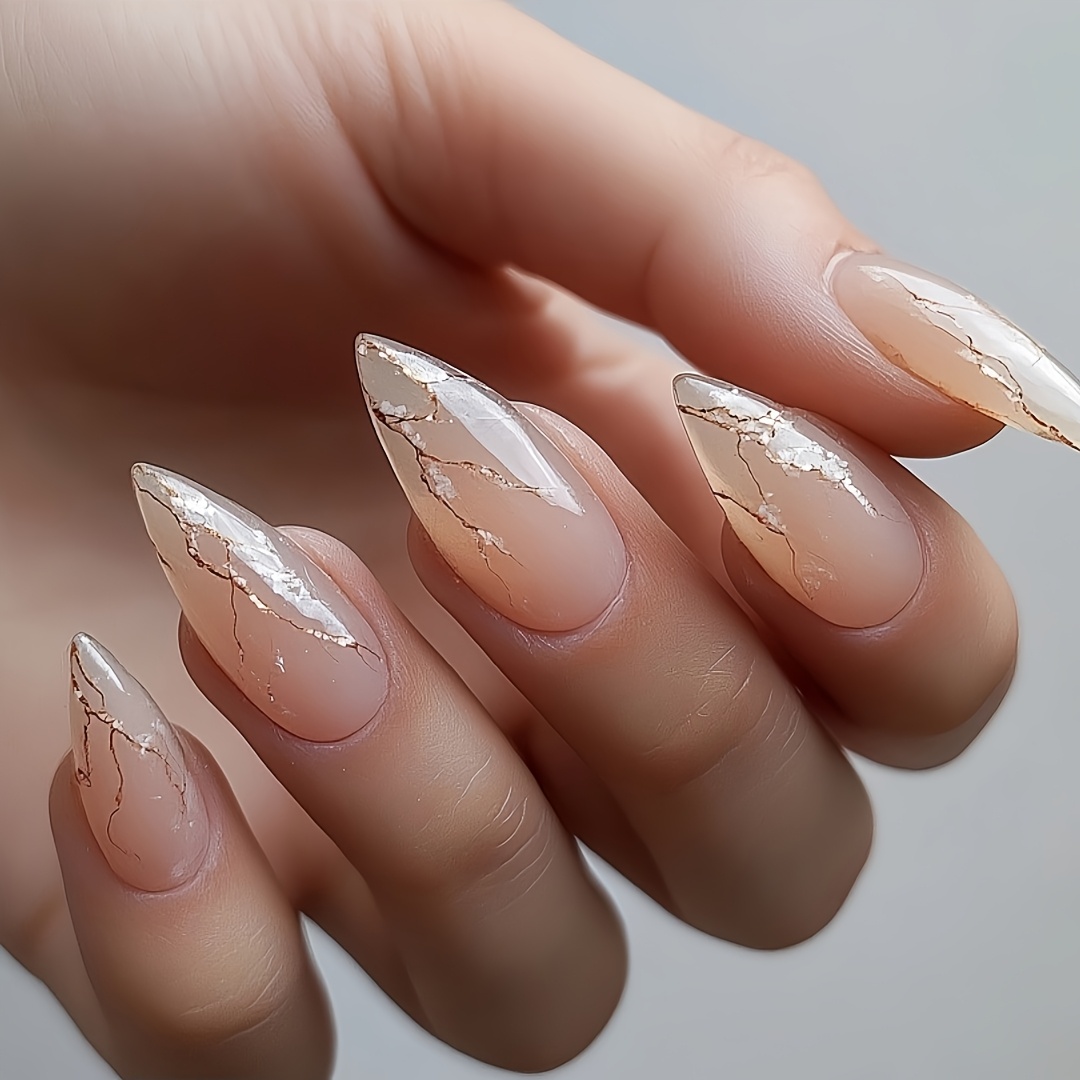 Image of 24pcs Medium Almond Shape Press-on Nails, Floral Glossy Press-on Faux Nails, With Gel Glue And Nail File, Suitable For Women And For Festivals, Daily Wear