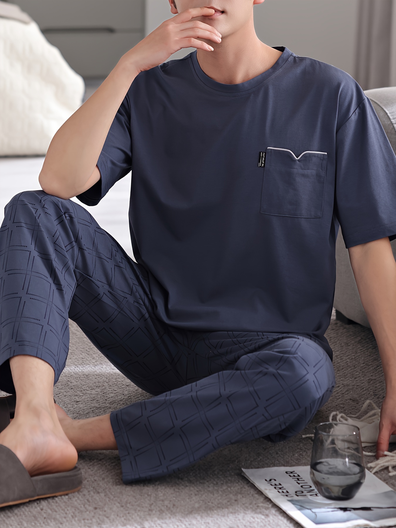 Men'S Summer Cotton Pajama Set, Casual Crew Neck Short Sleeve Long Pants with Pocket, Knit Fabric, Regular Fit, Slight Stretch, Solid Color, No Belt, Home Wear - Large Size