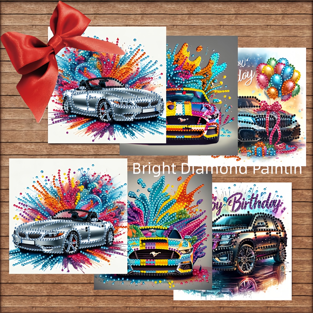 TEMU 6 Cartes d'anniversaire uniques et sur le thème de la voiture avec motif de peinture diamant. Le kit de bricolage pour carte de peinture ronde