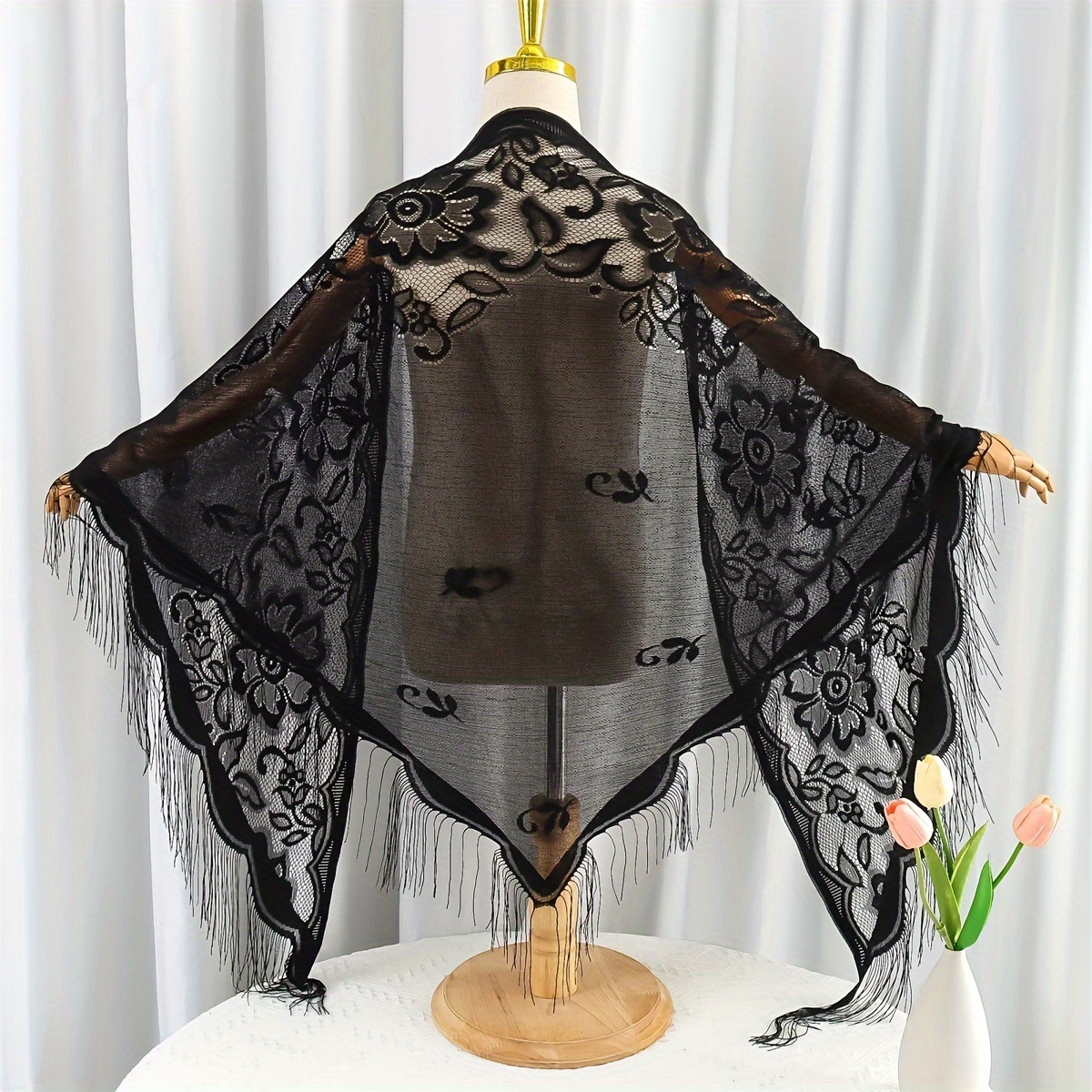 TEMU Elegant Bohemian Style Women's Floral Lace Triangle Shawl With Tassels, Lightweight Sheer Scarf, Stylish Head Wrap For Ladies