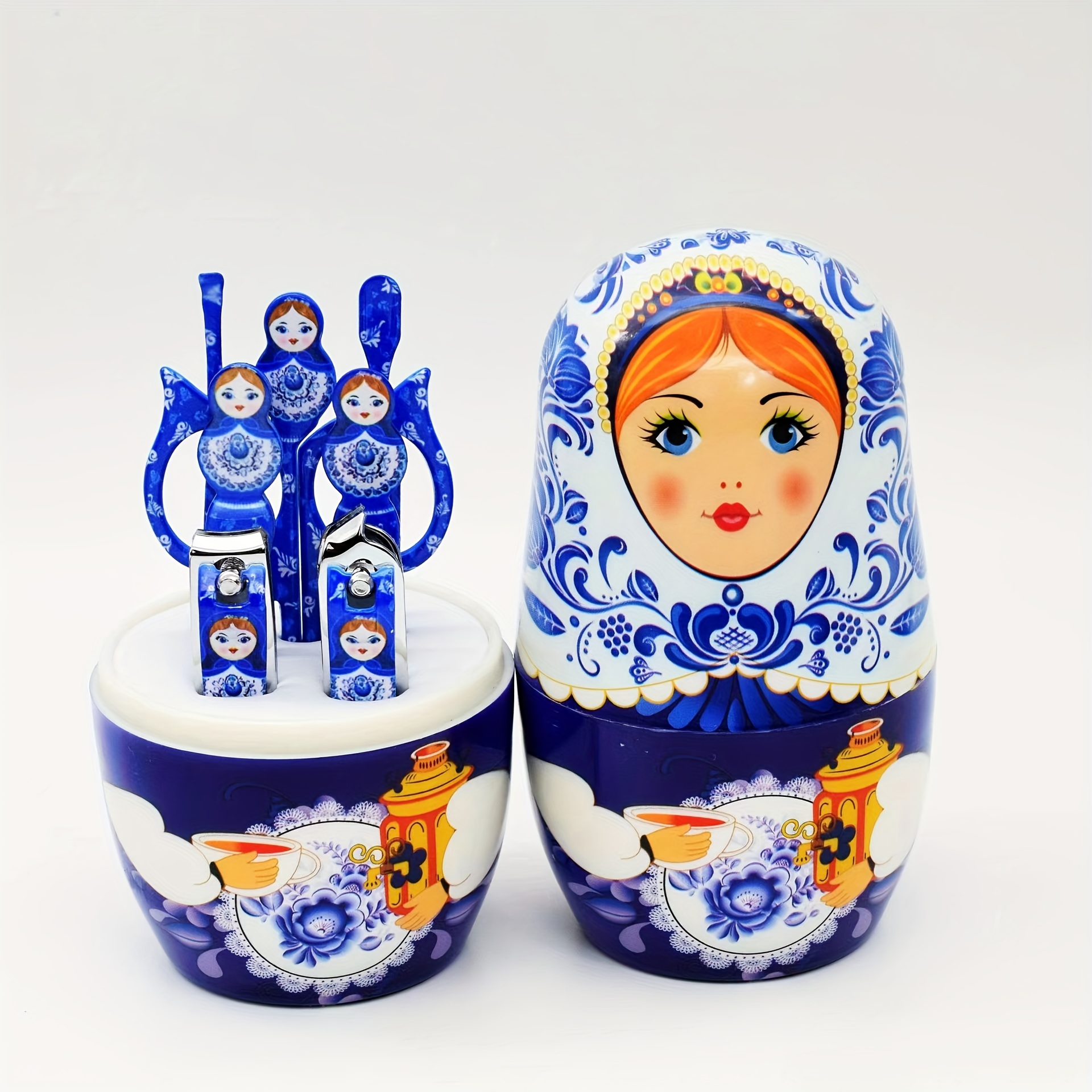 Image of 7pcs Russian Nesting Doll Manicure Set - Portable Stainless Steel Nail Care Kit With Scissors, Clippers, And Grooming Tools In Decorative Travel Case, Nail Tech Supplies