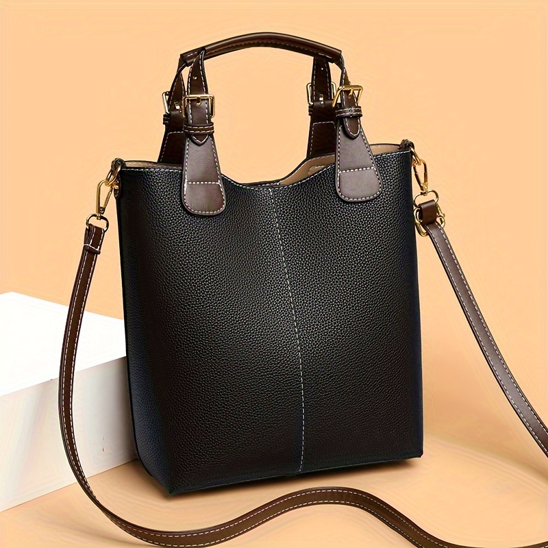 

Elegant Top-handle Bucket Bag For Women - Solid Color Leather With Removable Strap, Lightweight Zippered Handbag With Polyester , Fashionable Multifunctional Purse From Baigou Production Area