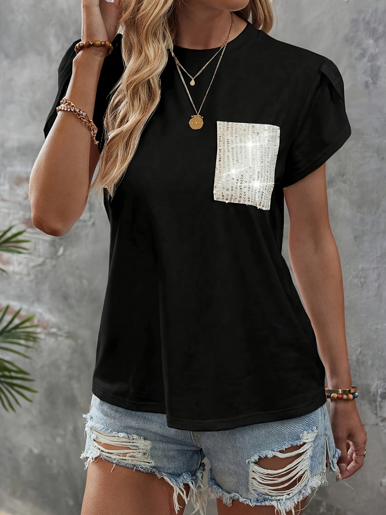 Plus size sequin cheap pocket shirt