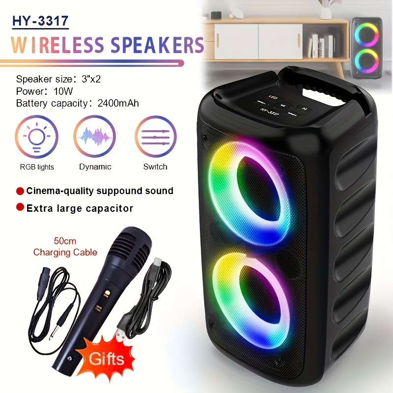 Máquina de Karaoke sem fio profissional com microfone - Alto-falante estéreo sem fio, luzes RGB, bateria recarregável de 2400mAh, carregamento USB - Perfeito para festas em casa, acampamento e música ao vivo, sistema de DJ portátil, equipamento de Karaoke
