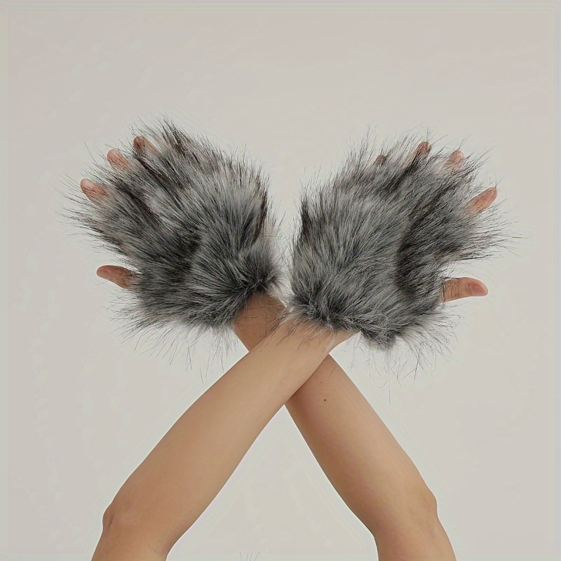 

Plush Wolf Claw Gloves For Halloween - Embroidered, Stretchy Fingerless Design With Decorative Ties, Parties & Cosplay