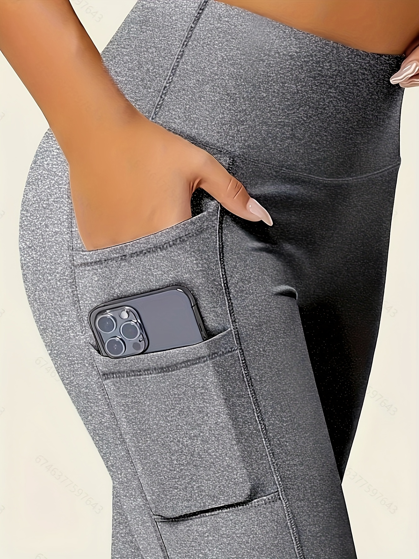 Plus Size Sports Leggings, Women's Plus Solid Pipping High Rise High Stretch Skinny Leggings With Pockets Suitable Spring/Autumn