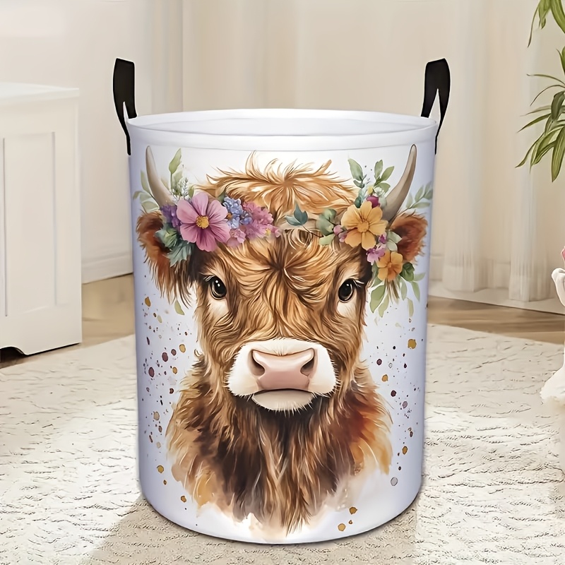 TEMU 1pc Highland Cow Foldable Laundry Basket With Wreath Design - Scottish Cow Storage Box Suitable For Bathroom, Bedroom,, Wardrobe - With Sturdy