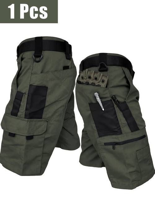 1pc mens cargo shorts solid color durable casual shorts with multiple pockets and zippered pockets regular fit suitable for outdoor activities hiking and everyday use belt not included